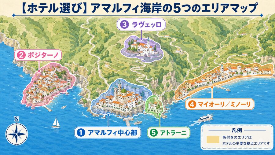 【ホテル選び】イタリアののアマルフィ海岸の5つのエリアマップ