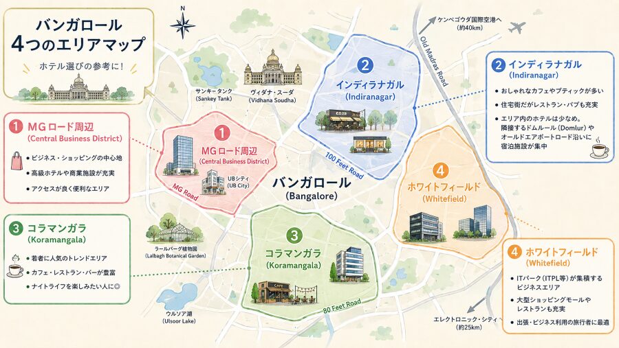 ホテル選び インドのバンガロールの4つエリアマップ