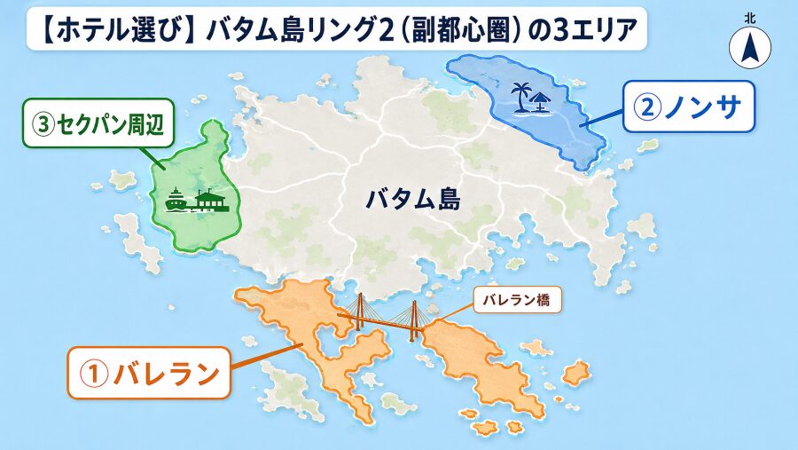 【ホテル選び】インドネシアのバタム島内のリング2（副都心圏）の3つのエリアマップ
