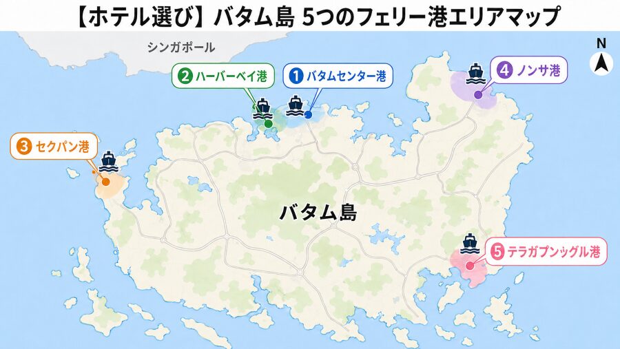 【ホテル選び】インドネシアのバタム島5つのフェリー港のエリアマップ