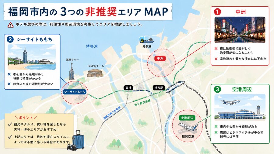 ホテル選び。福岡市内の3つの非推奨エリアマップ