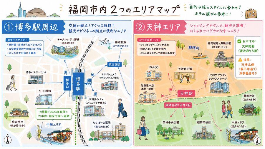 ホテル選び。博多駅周辺と天神のエリアマップ