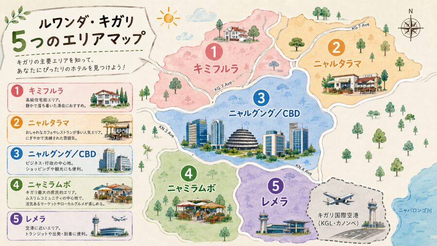 【ホテル選び】ルワンダのキガリの5つエリアマップ