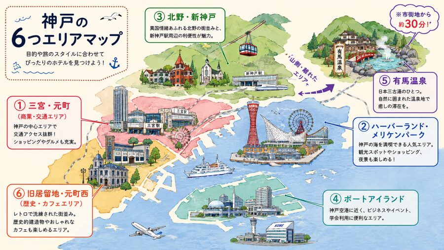 【ホテル選び】神戸の6つのエリアマップ