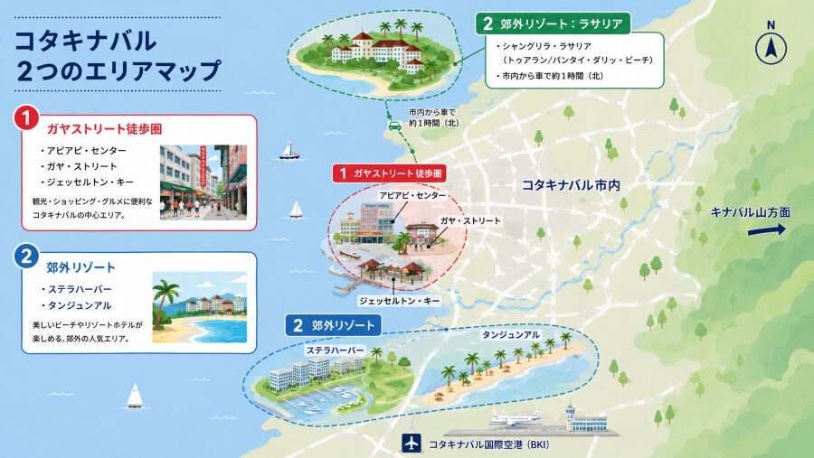 【ホテル選び】マレーシアのコタキナバルの2つのエリアマップ