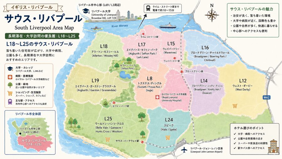 長期滞在・大学訪問の優良圏エリアマップ：L18〜L25（サウス・リバプール）