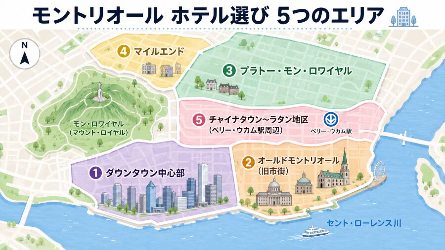 【ホテル選び】カナダ・ケベック州のモントリオールの5つのエリアマップ