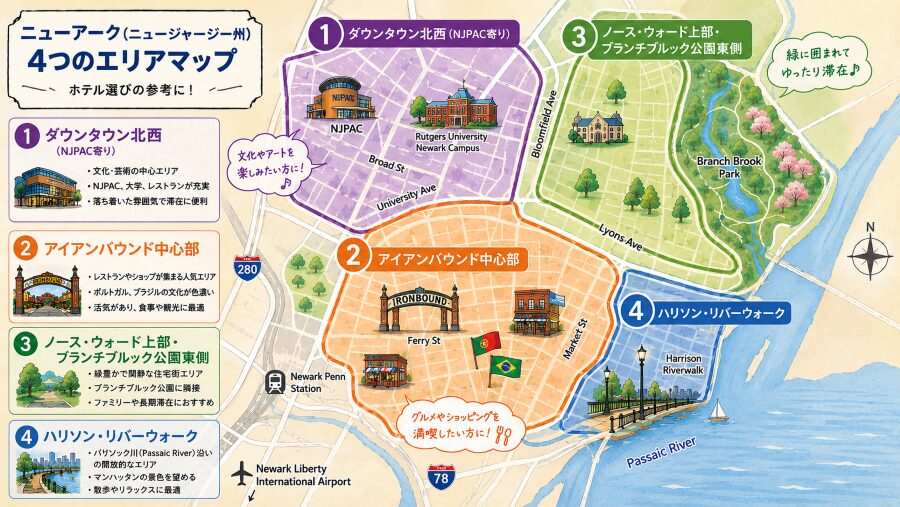ニューアーク（ニュージャージー州）の4つエリアマップ