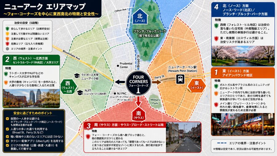 ニューアークの街の安全性や特徴のエリアマップ