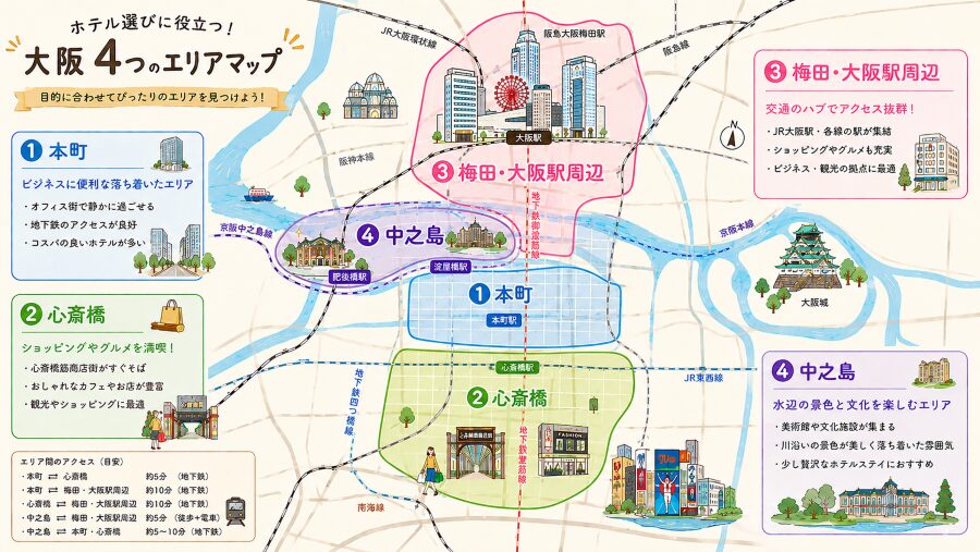 ホテル選びに役立つ大阪4つのエリアマップ