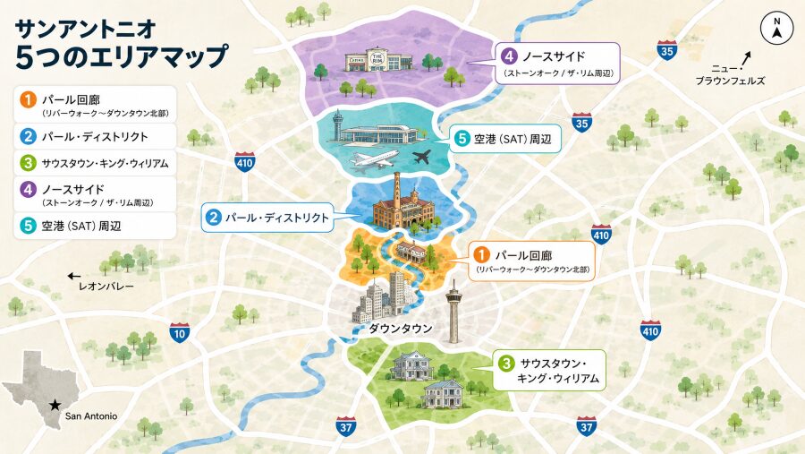 【ホテル選び】テキサスのサンアントニオの5つのエリアマップ