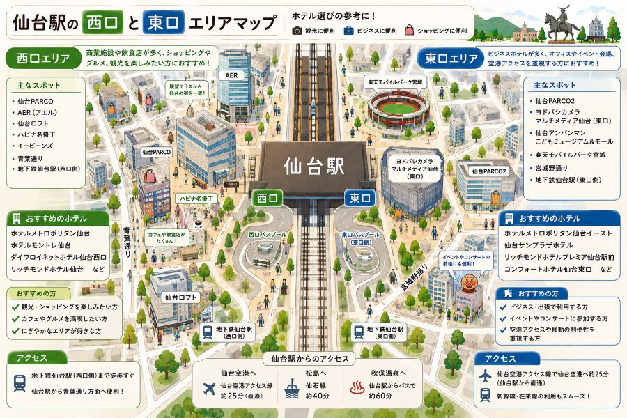 【ホテル選び】仙台駅の「西口」と「東口」2つエリアマップ