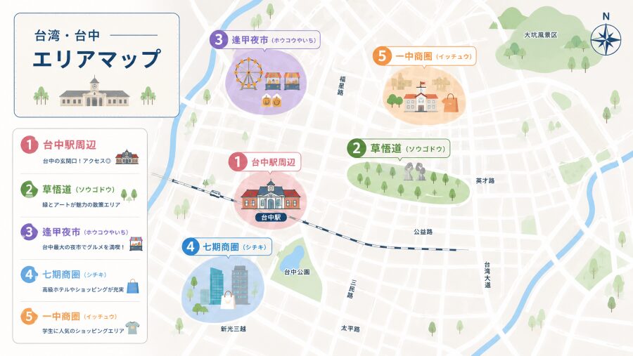 【ホテル選び】台湾の台中の5つのエリアマップ