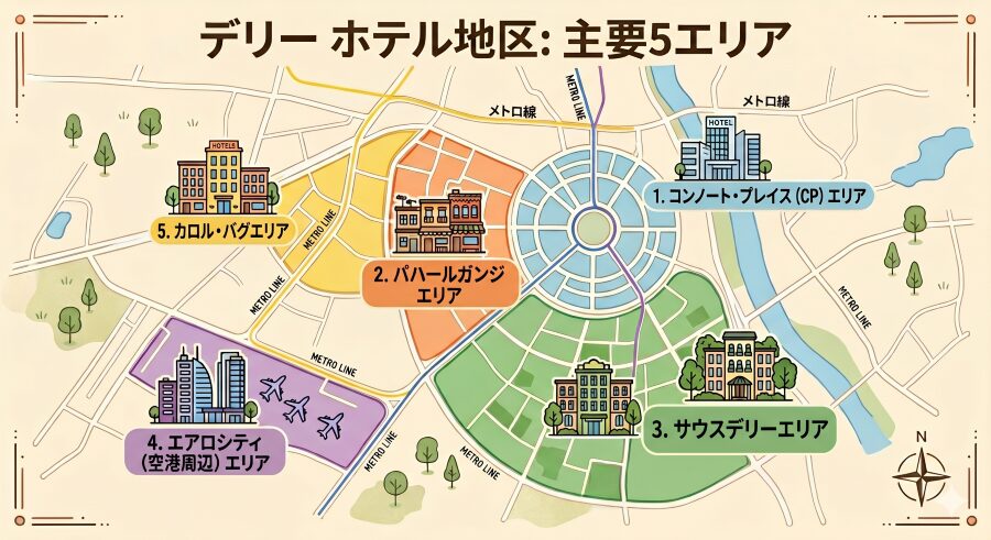 デリーのおすすめホテルエリアマップ