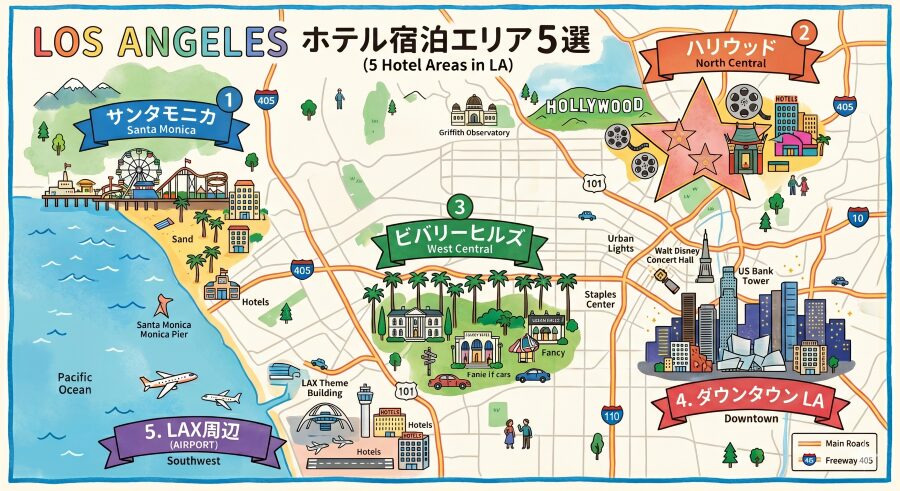 ロサンゼルスのホテルエリアマップ