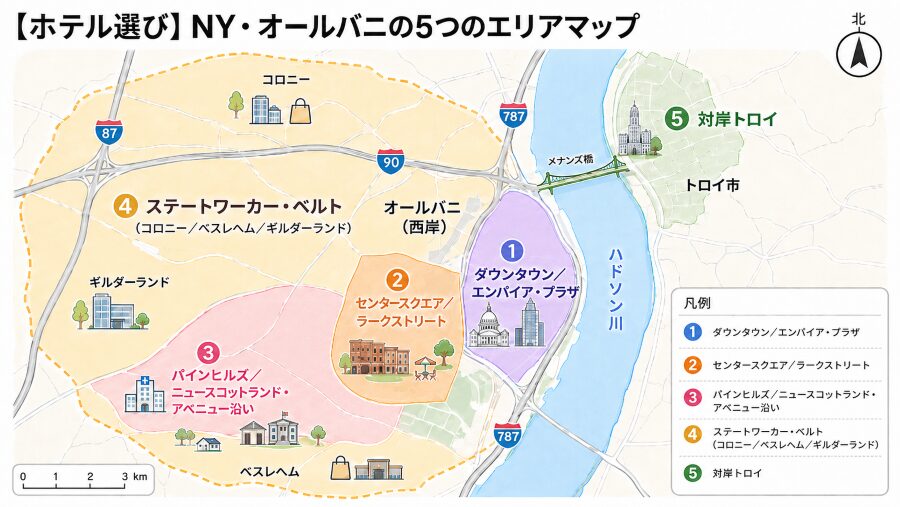 【ホテル選び】NYのオールバニの5つのエリアマップ