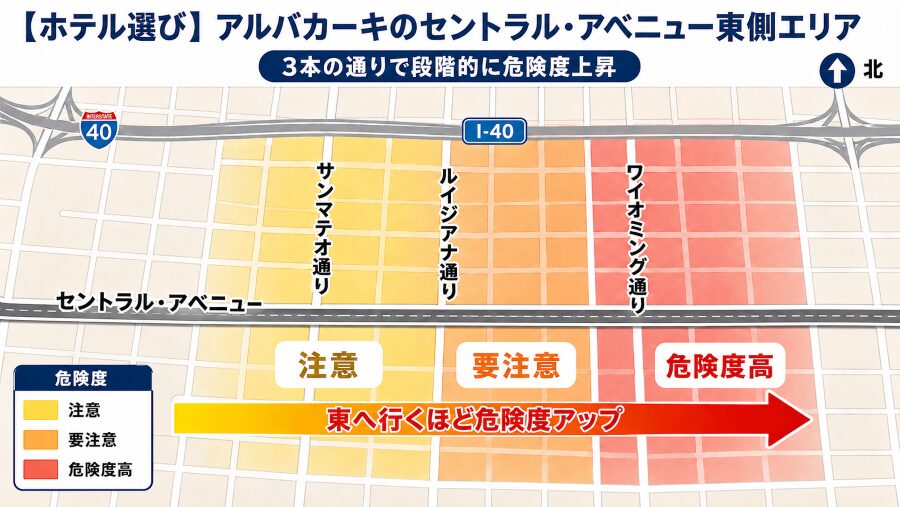 【ホテル選び】アルバカーキのセントラル・アベニュー東側エリアマップ