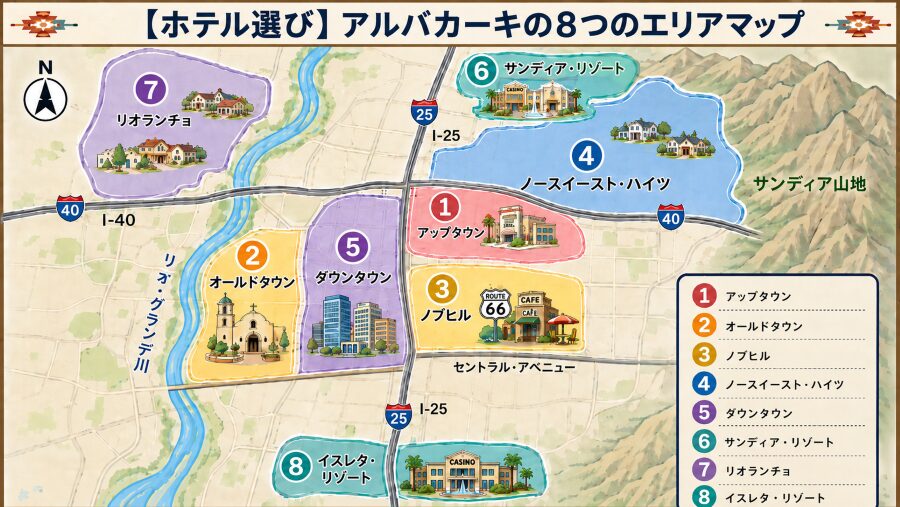 【ホテル選び】アルバカーキの8つのエリアマップ