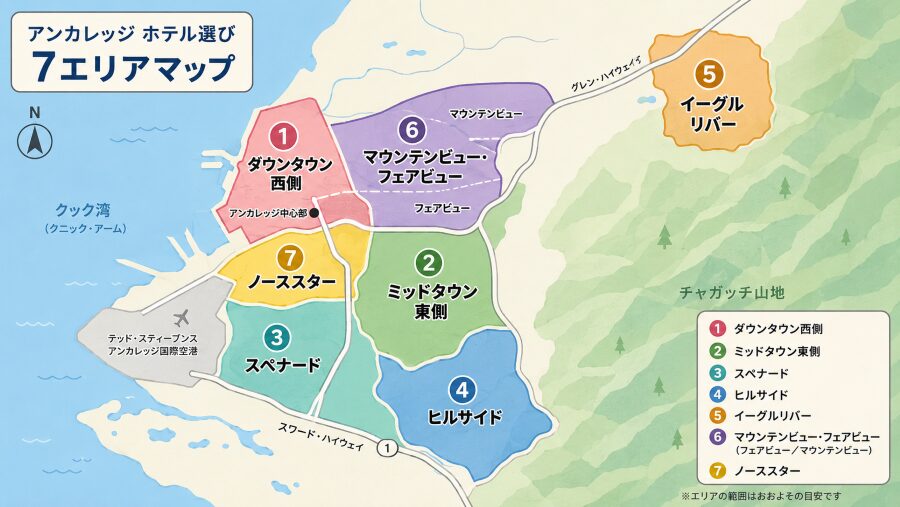 【ホテル選び】アラスカ・アンカレッジの7つのエリアマップ