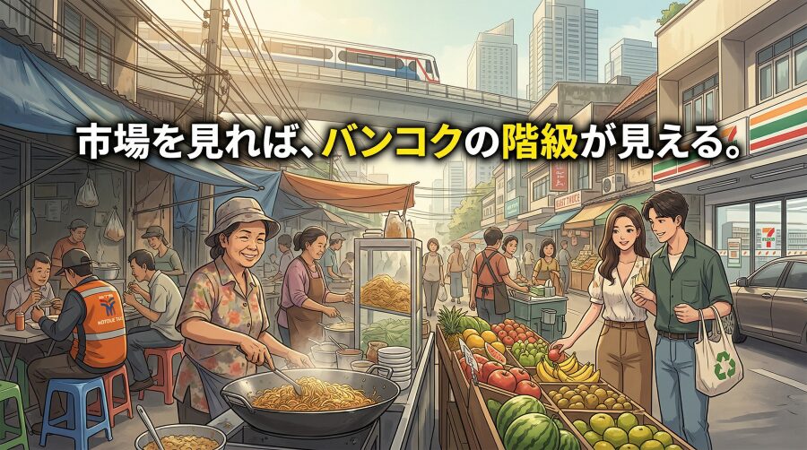 バンコクでは、市場の違いがそのまま階級の違いになる。