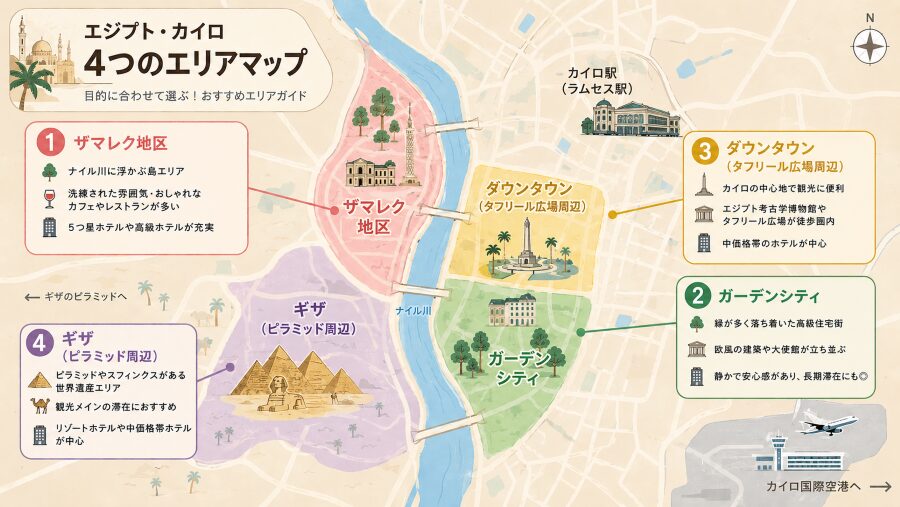 【ホテル選び】エジプトのカイロの4つエリアマップ