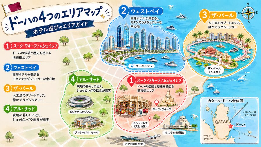 【ホテル選び】カタールのドーハの4つエリアマップ
