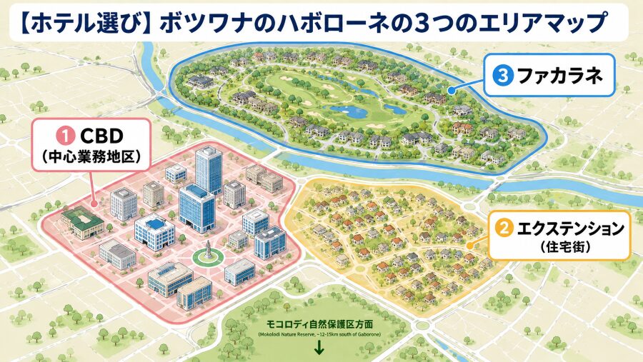【ホテル選び】ボツワナのハボローネの3つのエリアマップ