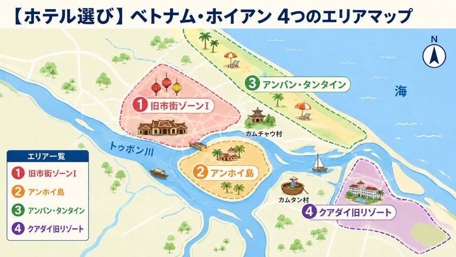 【ホテル選び】ベトナムのホイアンの4つのエリアマップ