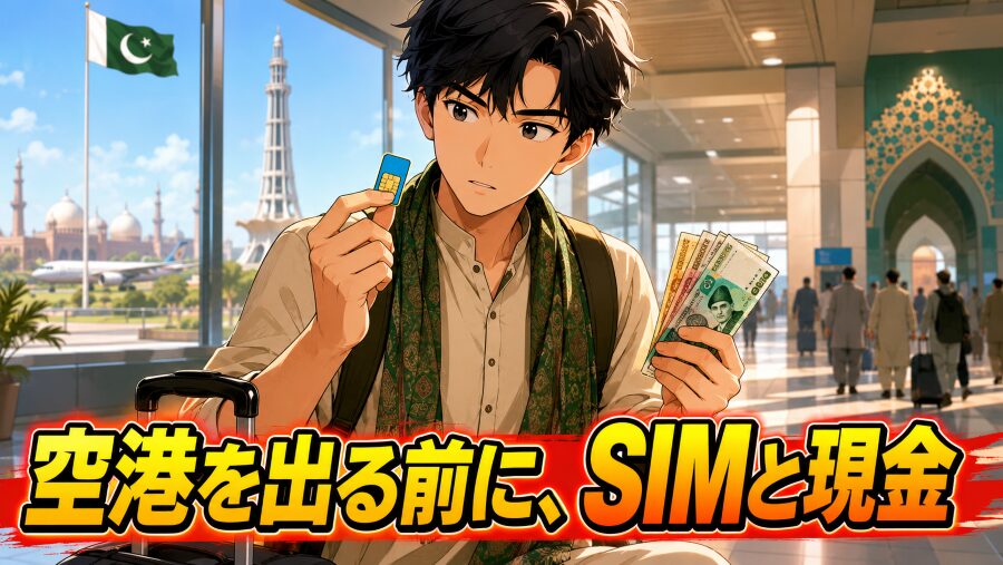 ラホール空港を出る前に、SIMと現金