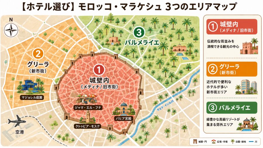 【ホテル選び】モロッコのマラケシュの3つのエリアマップ