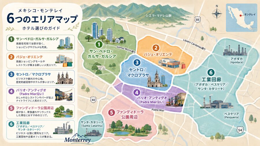 【ホテル選び】メキシコのモンテレイの6つエリアマップ