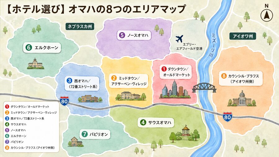【ホテル選び】ネブラスカ州オマハの8つのエリアマップ