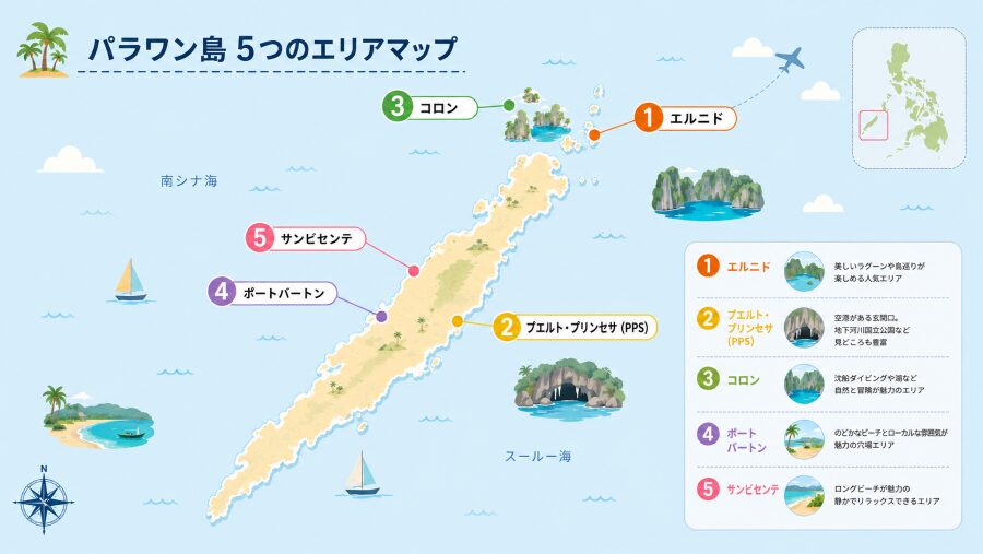【ホテル選び】フィリピンのパラワン島の5つのエリアマップ
