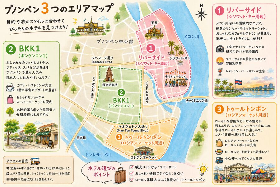 プノンペンのホテル主要エリア3選