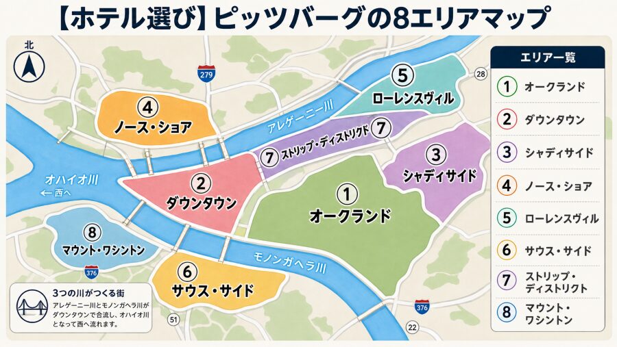 【ホテル選び】ペンシルベニアのピッツバーグの8つのエリアマップ