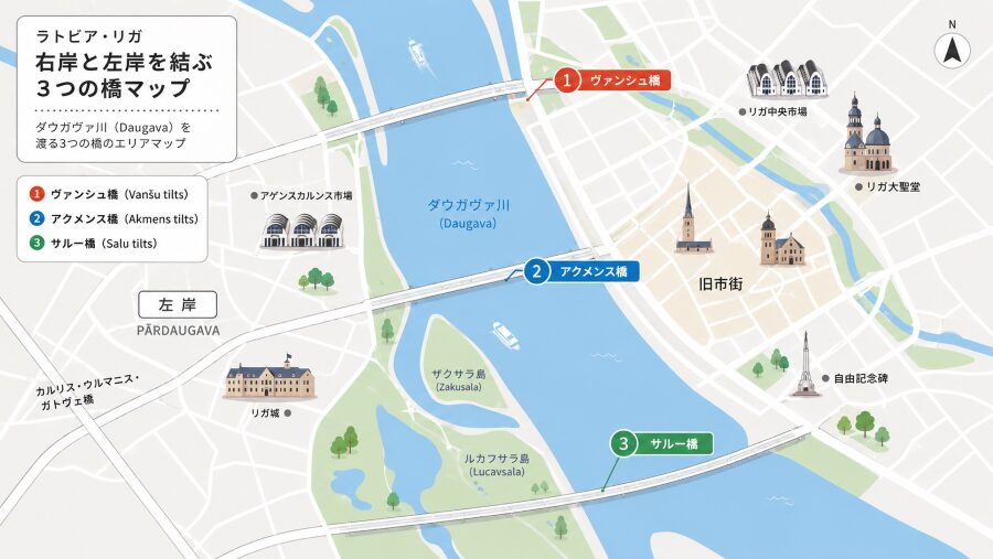ラトビアのリガの右岸と左岸を結ぶ3つの橋のエリアマップ