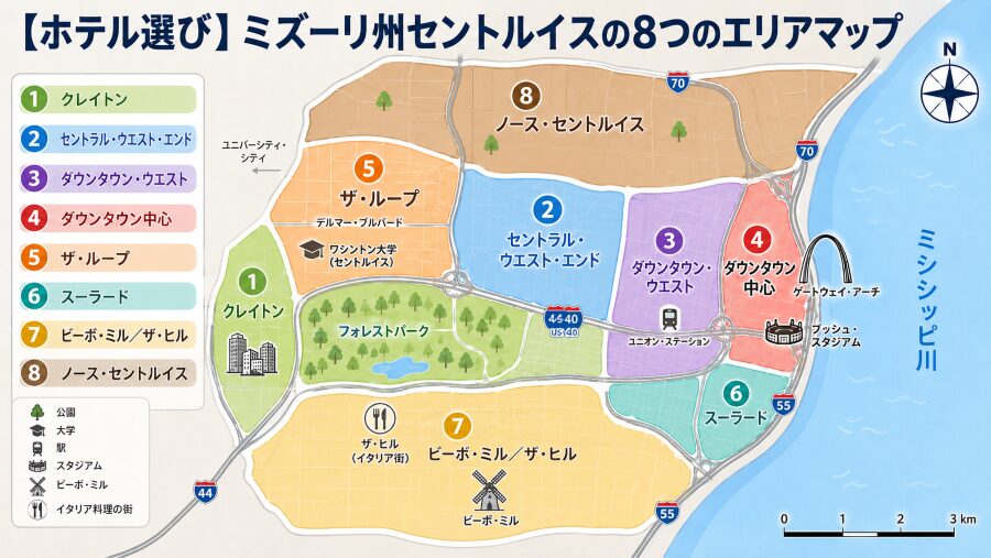 【ホテル選び】ミズーリ州のセントルイスの8つのエリアマップ