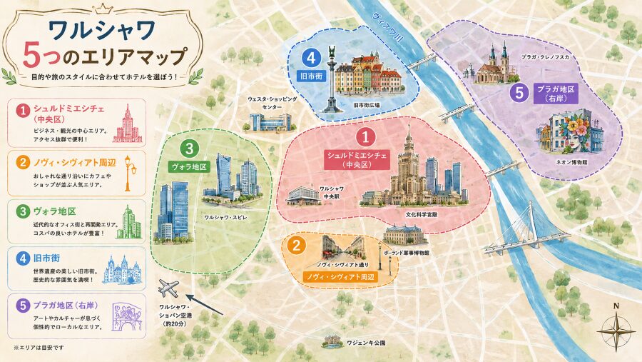 ホテル選び。ワルシャワ5つのエリアマップ