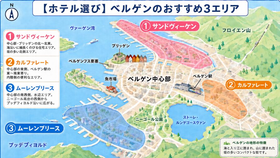 【ホテル選び】ノルウェーのベルゲンの3つのエリアマップ