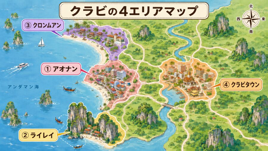 【ホテル選び】タイ・クラビの4つのエリアマップ