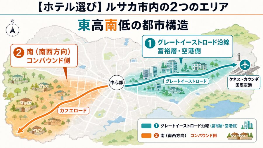 【ホテル選び】ザンビアの首都ルサカ市内の2つのエリアマップ