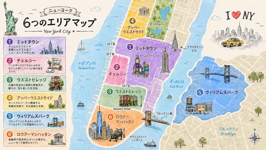 ニューヨーク、おすすめホテル6つのエリアマップ