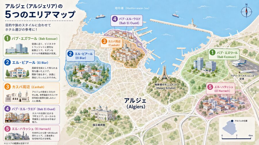 アルジェリアの首都アルジェの4つのエリアマップ