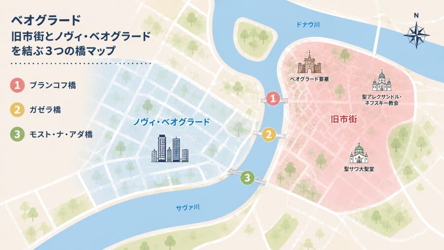 【ホテル選び】ベオグラードとノヴィ・ベオグラードを結ぶ3つのエリアマップ