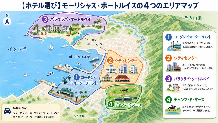 【ホテル選び】モーリシャスのポートルイスの4つのエリアマップ