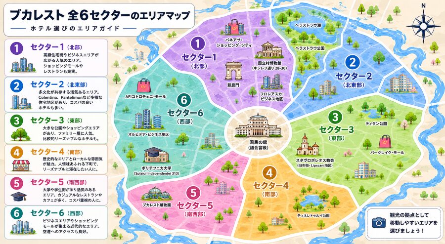 【ホテル選び】ブカレストの全6セクターのエリアマップ