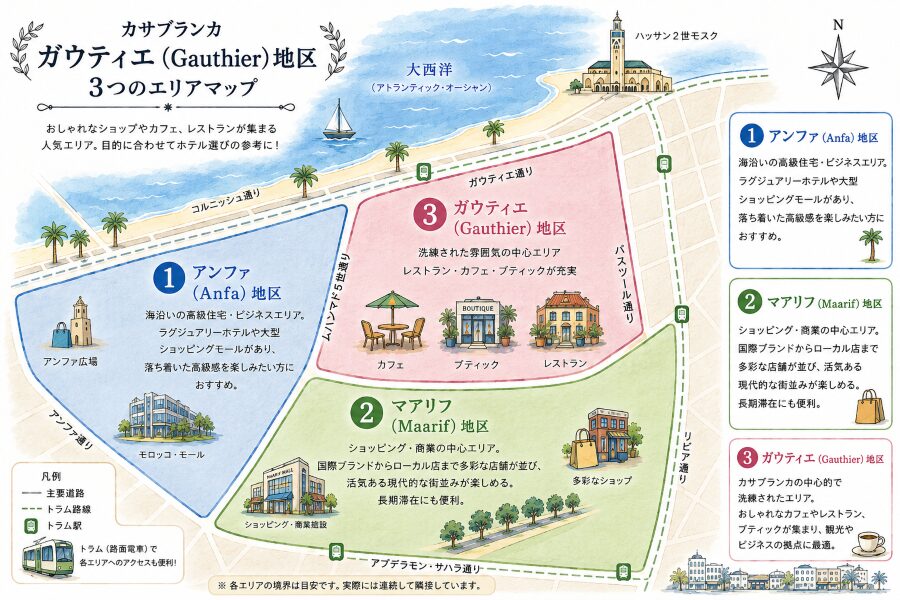 カサブランカのガウティエ地区の3つのエリアでホテル選び