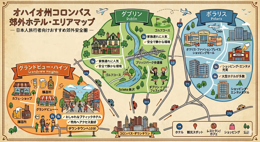 コロンバス郊外のおすすめホテルエリア