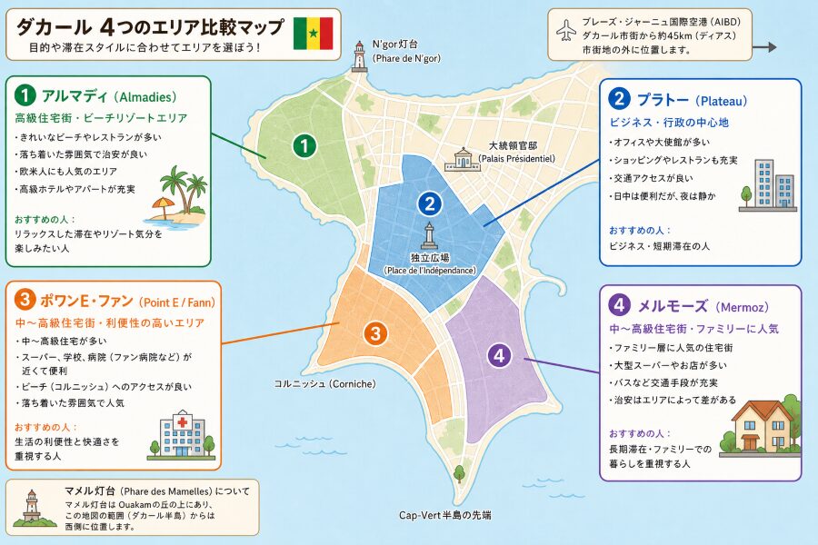 ダカールの主要エリアの比較マップ