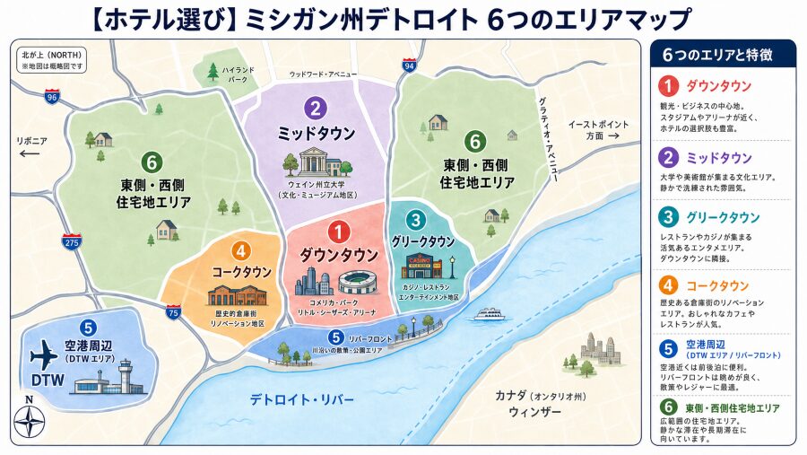 【ホテル選び】ミシガン州デトロイトの6つのエリアマップ